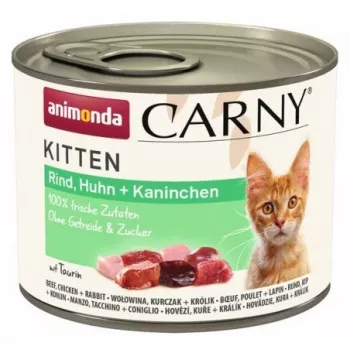 Comida húmida para gatos animonda Carny VACA FRANGO COELHO lata de 200 g — junior, 10,5 % proteína, 6,3 % gordura, 80 % humidade