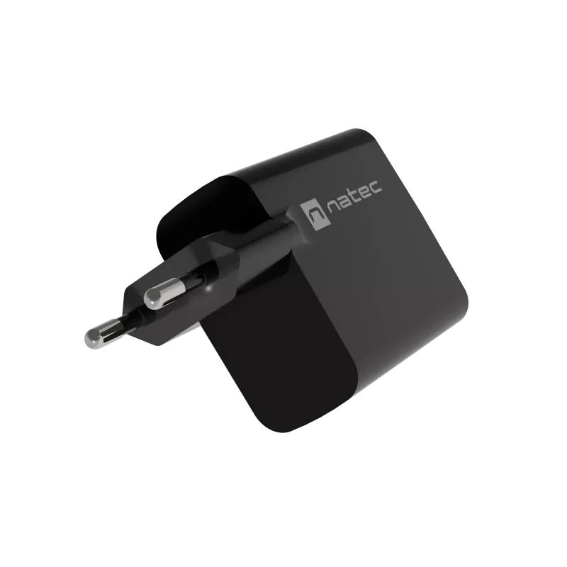 Carregador com fios para dispositivos móveis NATEC NUC-2145, 65 W, USB-C PD 3.0 + QC 3.0, 1x USB-C, 1x USB-A, 110–240 V, preto