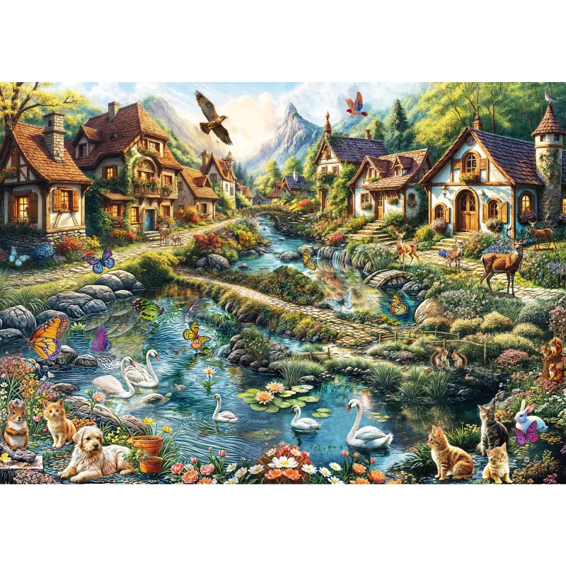 Puzzle 1000 peças, Schmidt Spiele Dorf am Waldrand, ilustração de paisagem
