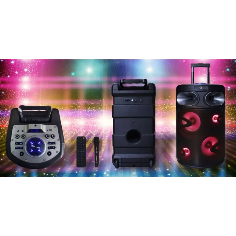 Altifalante de karaoke Bluetooth portátil MANTA SPK0803B140 140W, a pilhas, MIC/USB/microSD, FM, equalizador, rodas