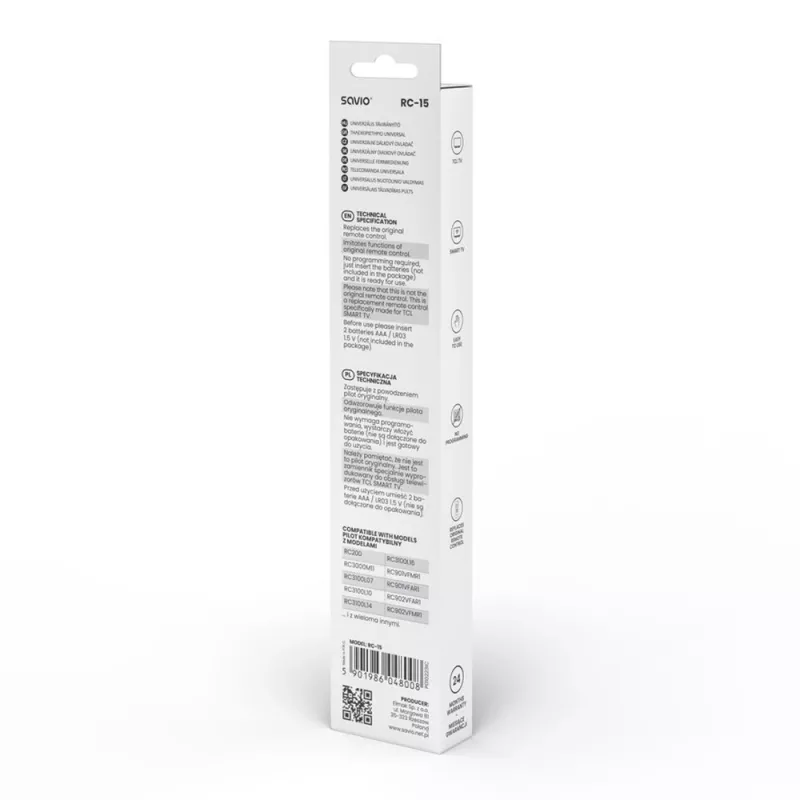 Comando à distância universal SAVIO RC-15 para TCL SMART TV, IR sem fios, preto, alcance 10 m