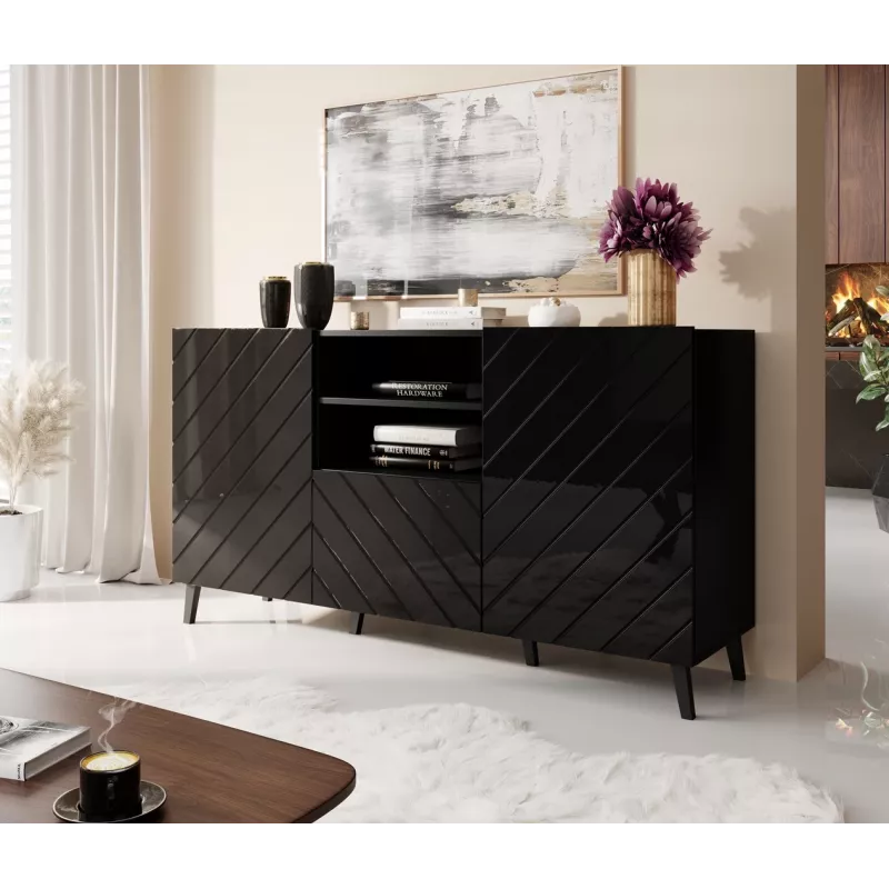 Cómoda cama meble ABETO 150x42x82 cm, preto alto brilho, estrutura MDF, 1 gaveta