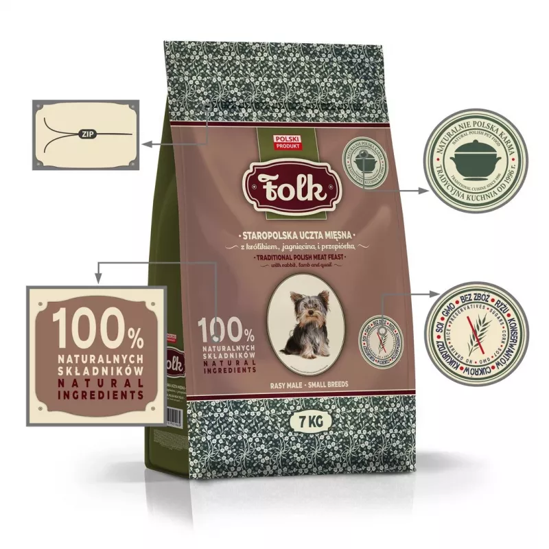 FOLK raças pequenas tradicional festim polaco de carne com coelho, borrego e codorniz - comida seca para cães - 7 kg