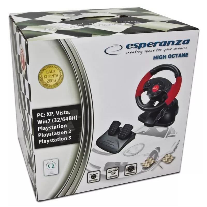 Volante ESPERANZA EG103 Comando de jogos — PC/PS2/PS3, 13 botões, vibração, sensor de aceleração, preto/vermelho