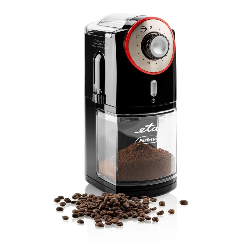 Moinho de café ETA Perfetto ETA006890000 — motor 100 W, depósito de grãos 200 g, até 14 chávenas, interruptor de segurança da tampa, preto