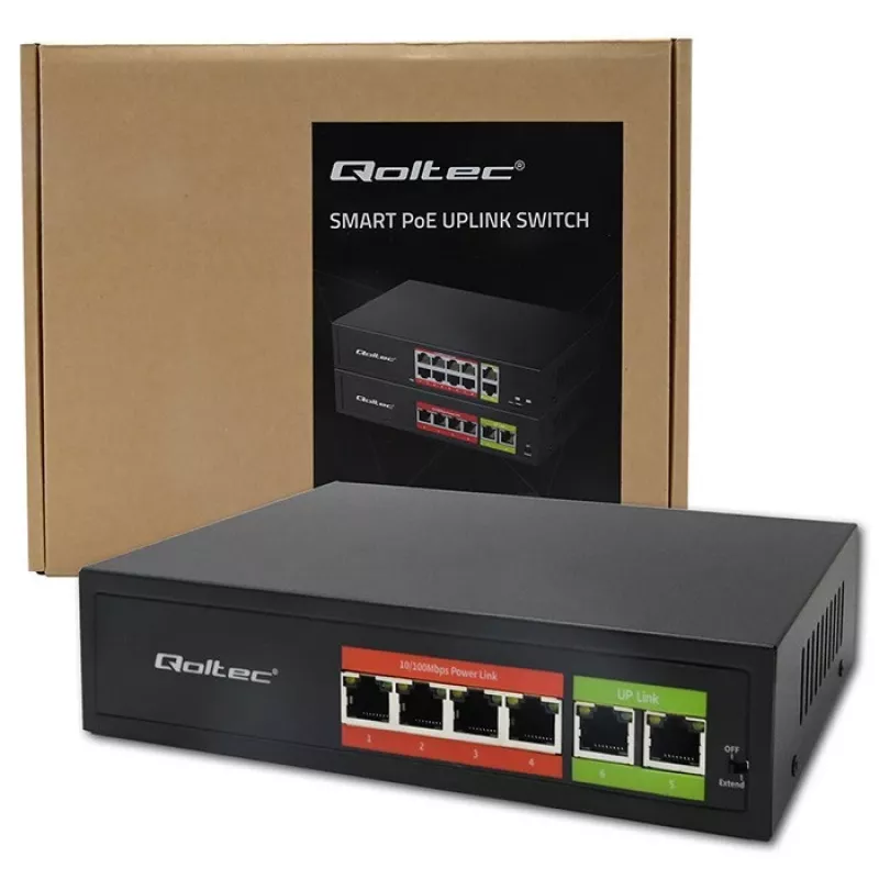 Switch Ethernet PoE QOLTEC 52289 — 4x portas RJ45 PoE, 2x RJ45 uplink, orçamento PoE 65W