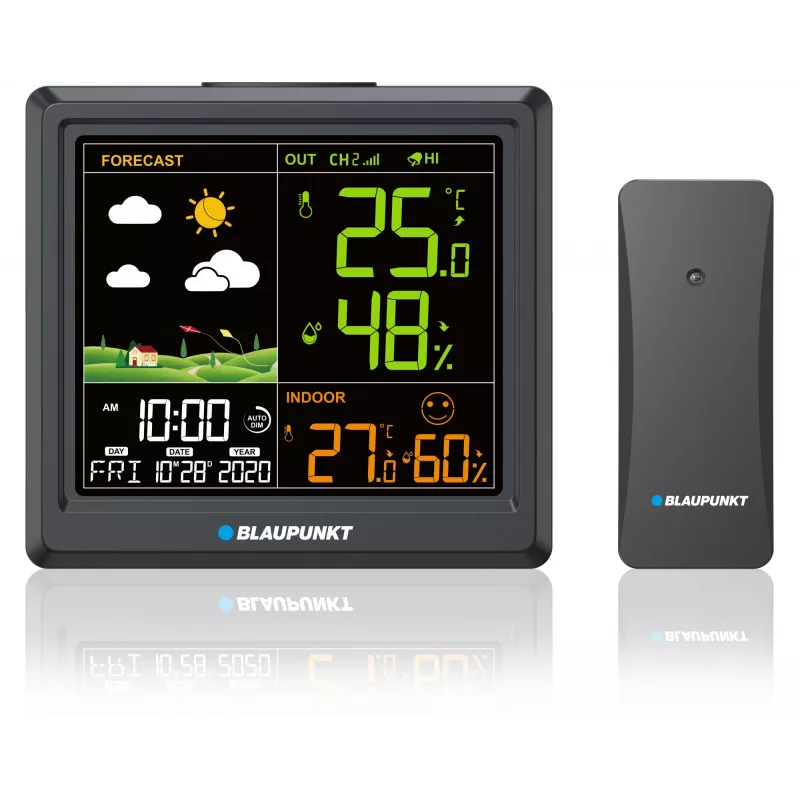 Estação meteorológica BLAUPUNKT WS25BK — Monitor de temperatura e humidade interior/exterior, preto, 1 sensor, ecrã LCD