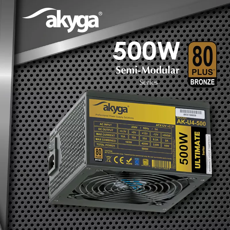 Akyga Ultimate AK-U4-500 fonte de alimentação ATX 500 W, 80 PLUS Bronze, PFC ativo, ventoinha de 120 mm