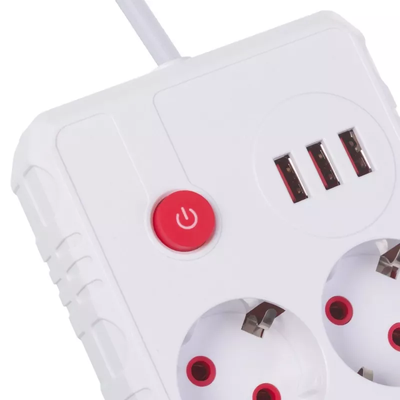 Extensão elétrica MACLEAN MCE387 W — 2 tomadas, 3×USB A, 110–240 V, 2500 W, cabo de 1,5 m, branco