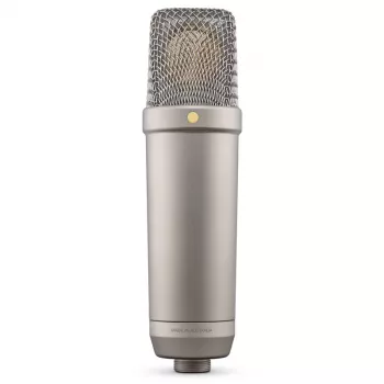 Microfone de condensador de estúdio RØDE NT1‑A 5th Gen — padrão cardioide, XLR/USB, 24/32 bits, até 192 kHz, SPL máx. 142 dB, prateado