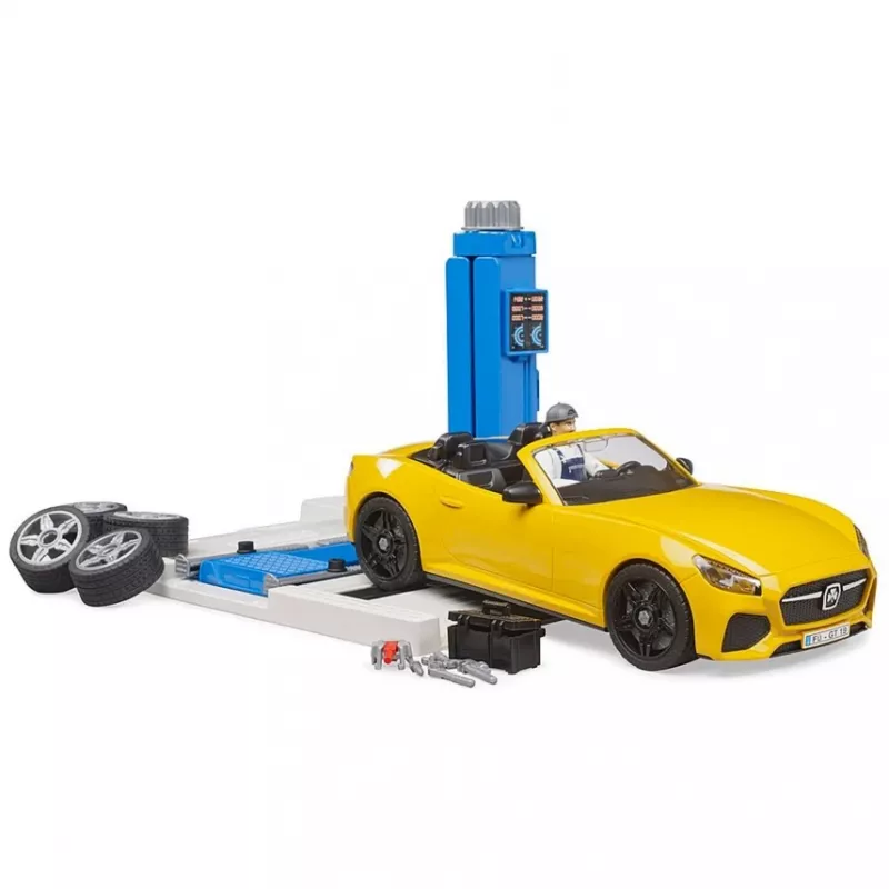BRUDER Car Service Center bworld 62112 com conjunto de brinquedo roadster, figuras de acessório e elementos de oficina