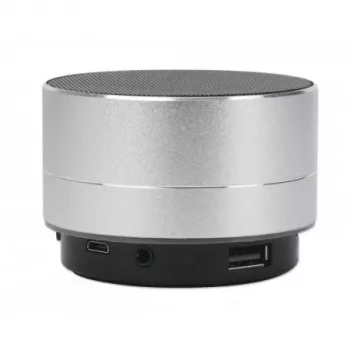 Altifalante Bluetooth Manhattan Metallic, resistente a salpicos, alcance 10 m, leitor de cartões microSD, ligação Aux 3,5 mm, cabo de carregamento USB-A incluído (carregamento 5V), prateado, três anos de garantia