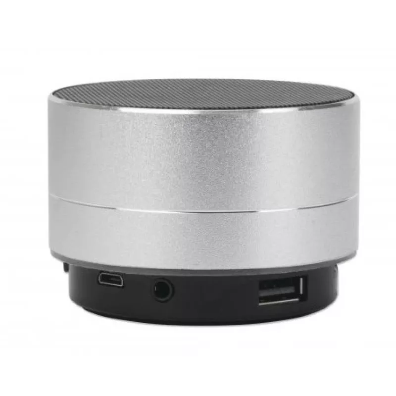 Altifalante Bluetooth Manhattan Metallic, resistente a salpicos, alcance 10 m, leitor de cartões microSD, ligação Aux 3,5 mm, cabo de carregamento USB-A incluído (carregamento 5V), prateado, três anos de garantia