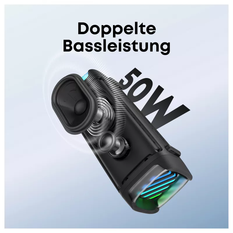 Altifalante Bluetooth robusto para exterior ANKER Soundcore Boom 3i preto IP68 50W BassUp 16h de reprodução espetáculo de luz TWS estéreo