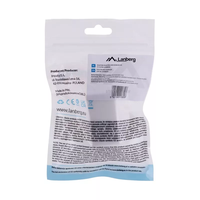 Adaptador de mudança de sexo LANBERG RJ-45 para RJ-45, fêmea-fêmea, U/UTP Cat5e, branco