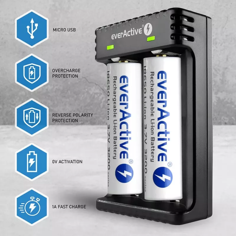 Carregador de pilhas everActive LC200 doméstico USB, 2 compartimentos, Li-Ion, compatível com A/AA/AAA/AAAA/C/D, entrada 5 V, saída 4,2 V, preto