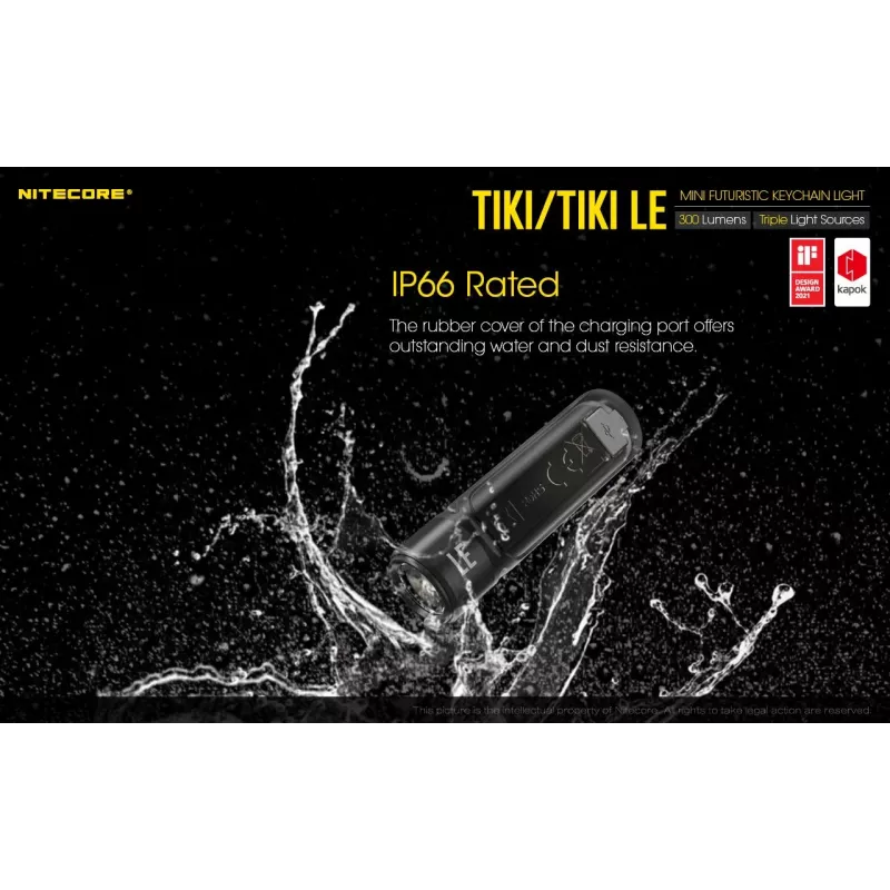 Lanterna de mão Nitecore TIKI LE — 300 lm, recarregável por USB, policarbonato, IP66, resistente a impactos, 10,5 g, 55 mm, preta