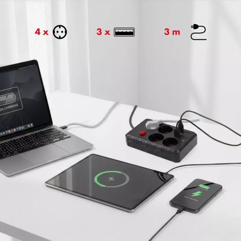 Extensão elétrica MACLEAN MCE393 B — 4 tomadas, 3×USB, 110–240 V, 2500 W, cabo de 3 m, preto