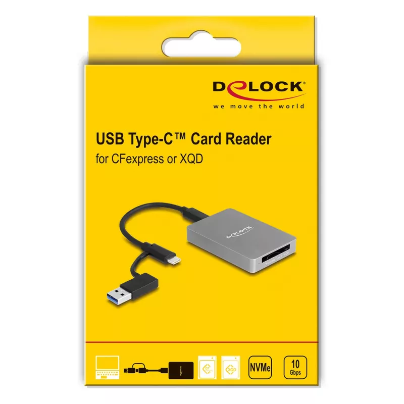 Leitor de cartões DeLOCK USB Type-C CFexpress XQD alumínio cinzento 10000 Mbit/s