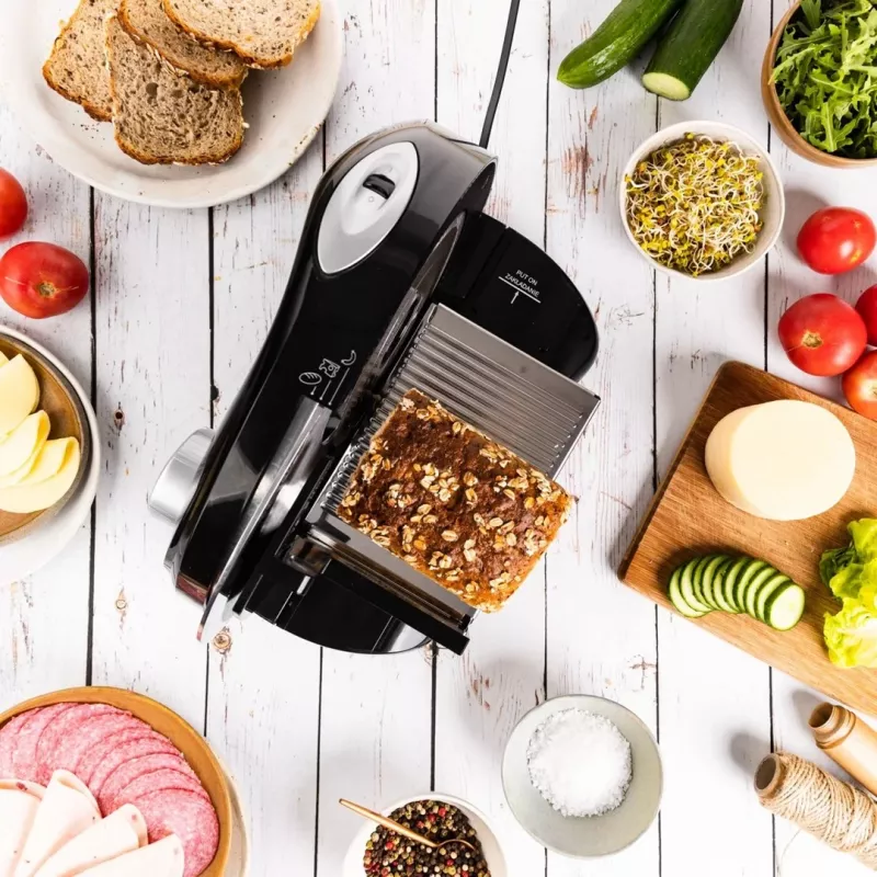 Cortador de alimentos elétrico de mesa SMAPP 294.5 – 300 W, espessura de corte 1–15 mm, lâmina em aço inoxidável, segurança para crianças, branco