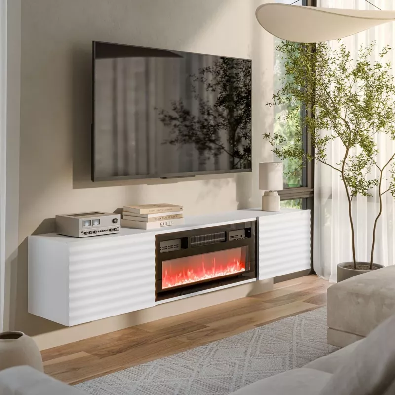Móvel de TV Cama Meble TULA com lareira elétrica, 1830×350×370 mm, tampo e moldura branco mate