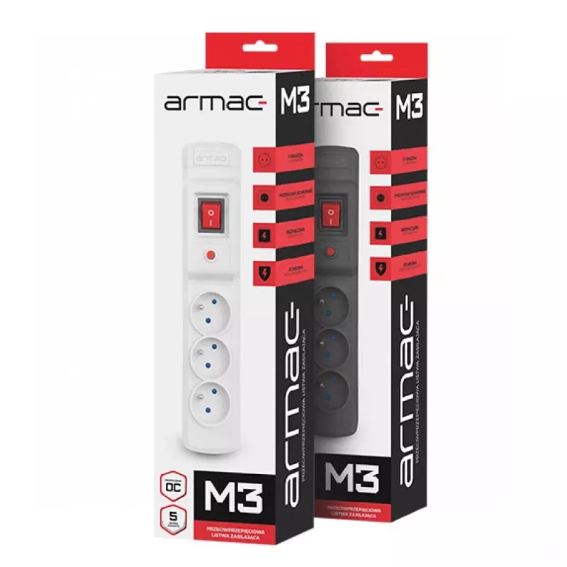 Régua de tomadas ARMAC MULTI M3 PROTECTING POWER STRIP, 3 tomadas, cabo de 3 m, cinzenta