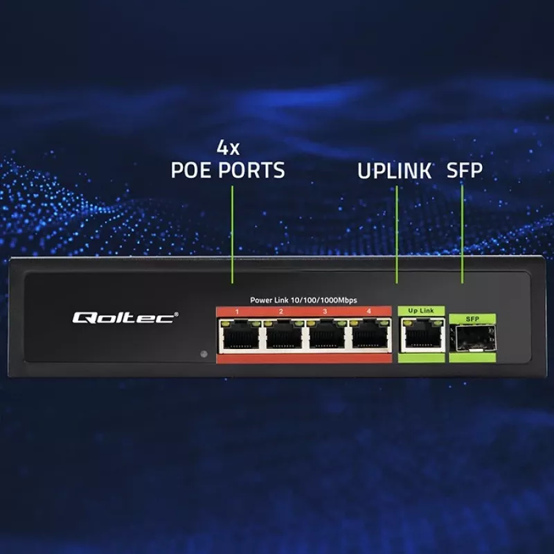 Switch Ethernet PoE QOLTEC 52296 — 4 portas RJ45 PoE, 1 uplink RJ45