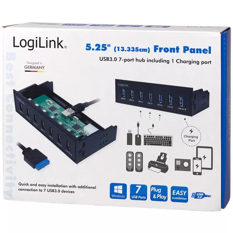 Hub USB 3.0 LogiLink, 7 portas 5,25 polegadas interno, com função de carregamento rápido - Hub - 6 x SuperSpeed USB 3.0 + 1 x SuperSpeed USB 3.0 (carregamento)