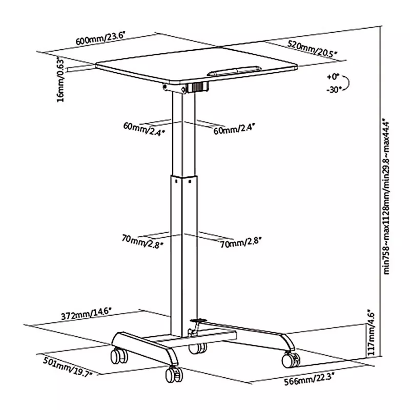 Mesa de computador portátil com rodas, secretária sentado-em pé ajustável em altura até máx. 113 cm, inclinação até 30 graus, Preto