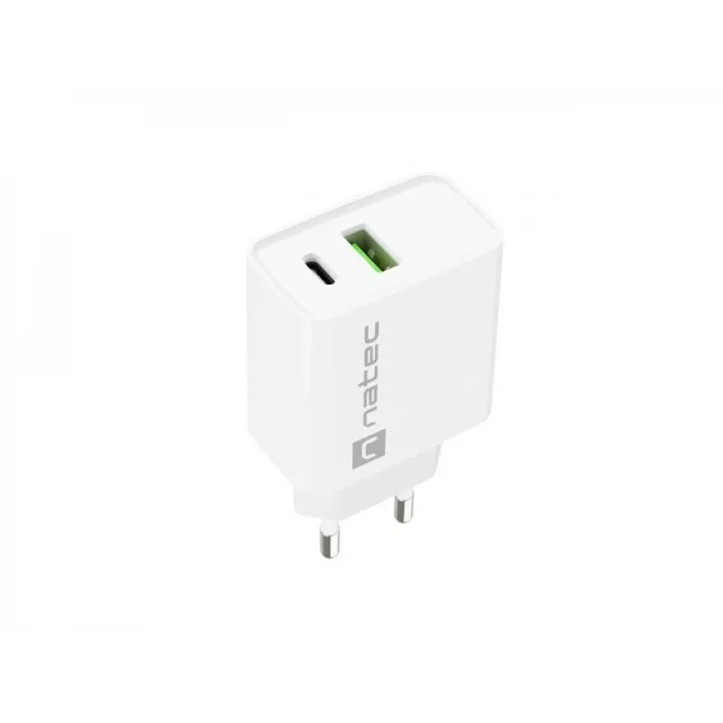 Carregador rápido de rede NATEC RIBERA 12V 20W USB-C PD 3.0 + USB-A Samsung AFC branco