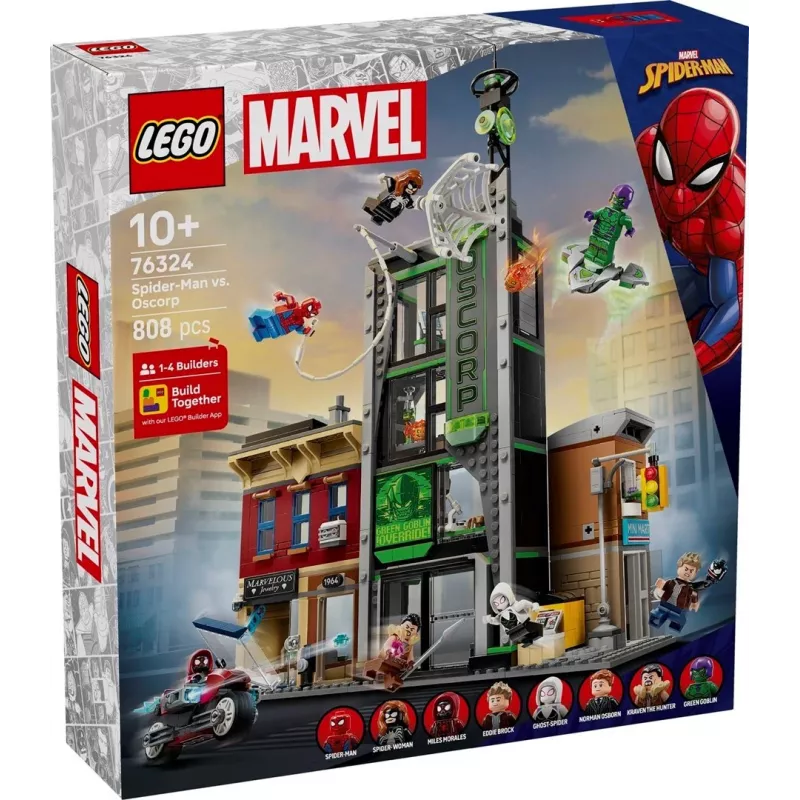 Conjunto LEGO Marvel 76324 Spider-Man vs. Oscorp, 808 peças, 8 minifiguras, a partir dos 10 anos