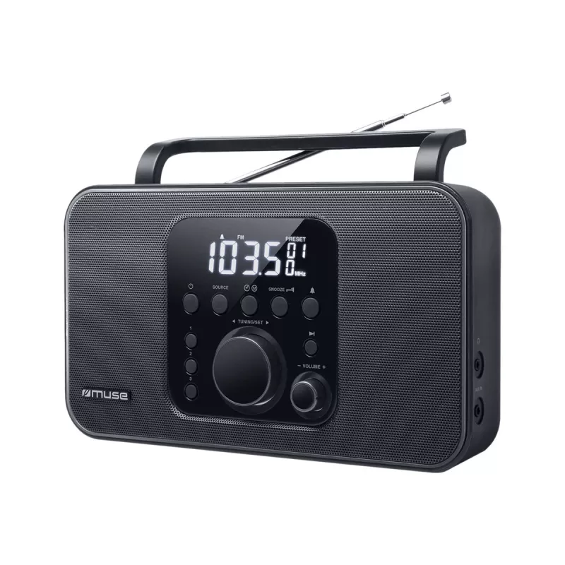 Muse M-091R rádio portátil, FM/AM, visor LCD, despertador, entrada AUX, alimentação por rede/pilhas, preto