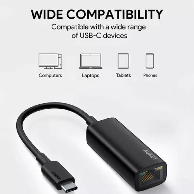 Adaptador Ethernet Aukey CB-A30 USB‑C para Gigabit RJ45 10/100/1000 Mbps, USB 3.0, alumínio, indicadores LED