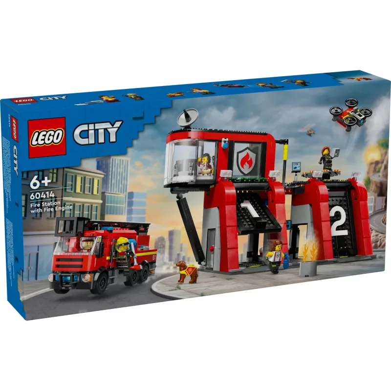 Brinquedo de construção LEGO City Quartel dos Bombeiros com veículo de escada giratória 60414 — 843 peças, 5 minifiguras, 220×320×140 mm
