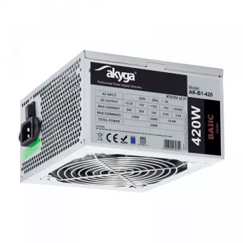 Fonte de alimentação ATX Akyga Basic AK-B1-420 420 W, ventoinha de 120 mm, PFC passivo, Cinzento