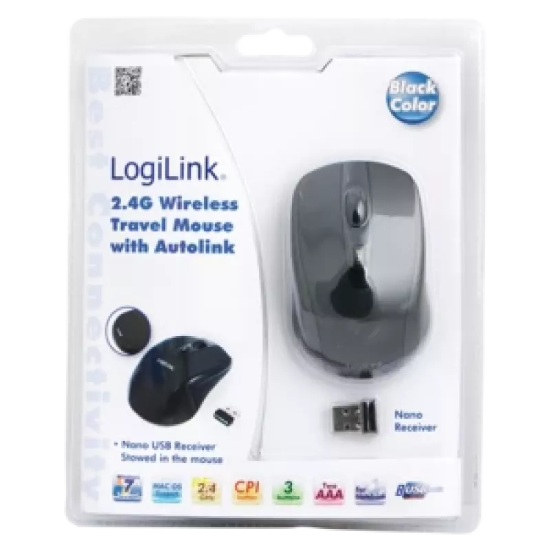 Rato LogiLink ótico sem fios 2,4 GHz mini - rato - ótico - 3 botões - sem fios - 2,4 GHz - recetor sem fios (USB) - preto (ID0031)