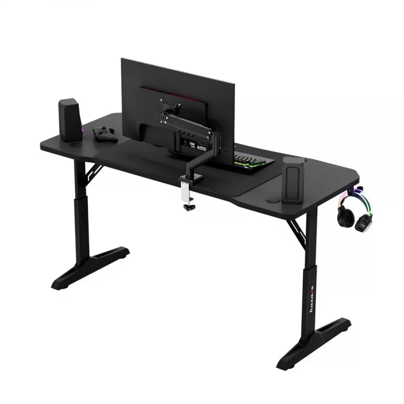 Secretária gaming huzaro Hero 3.6 — retangular 1400×600 mm, altura ajustável 560–790 mm, preto, pernas em H, tampo de 15 mm