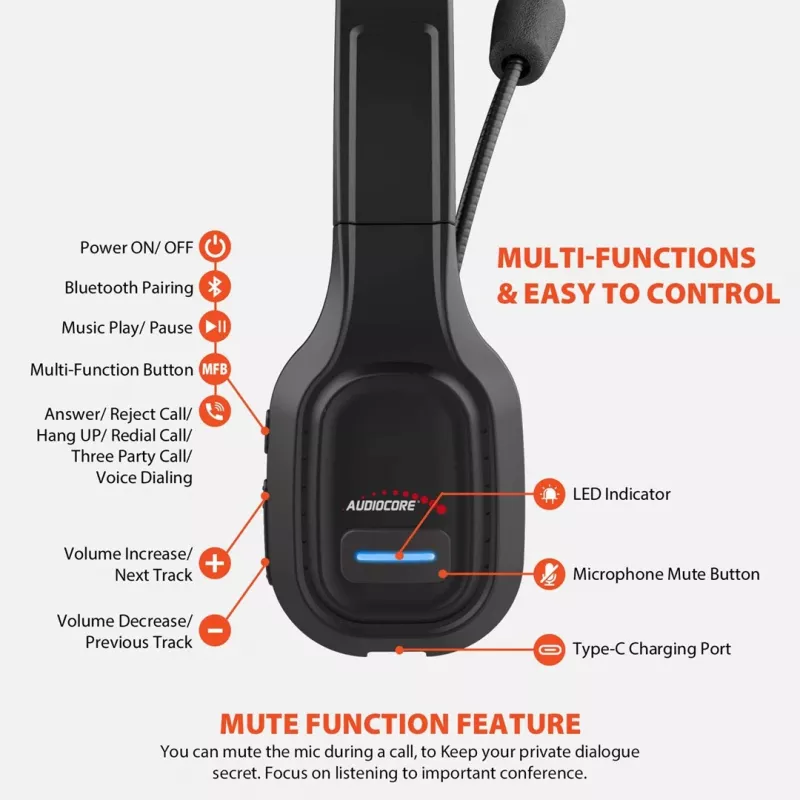 Headset Bluetooth Audiocore 74452 auscultadores cancelamento de ruído microfone call center Google Siri escritório sem fios