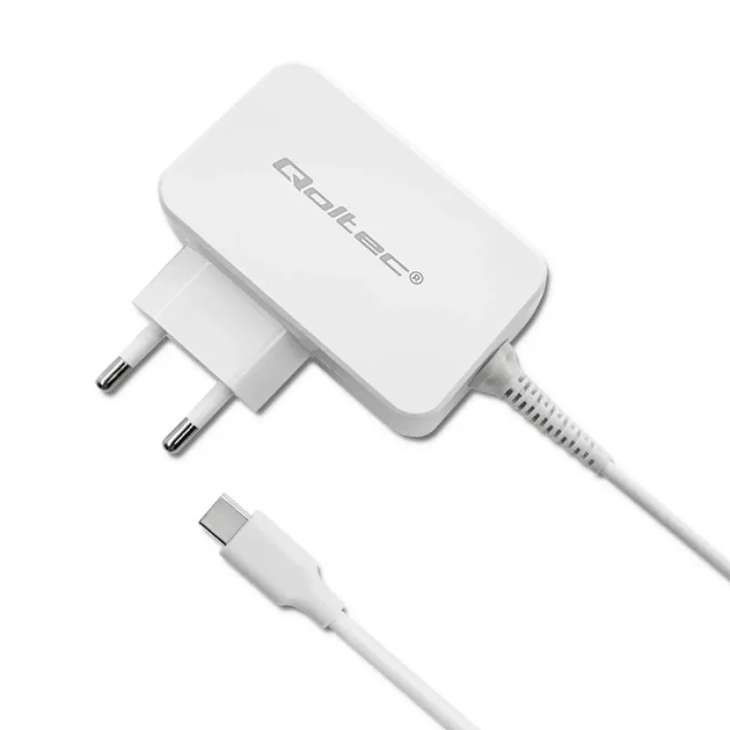 Qoltec 51039 adaptador de corrente 65 W USB-C PD, 5–20,3 V, 2–3,25 A, cabo USB-C integrado, branco