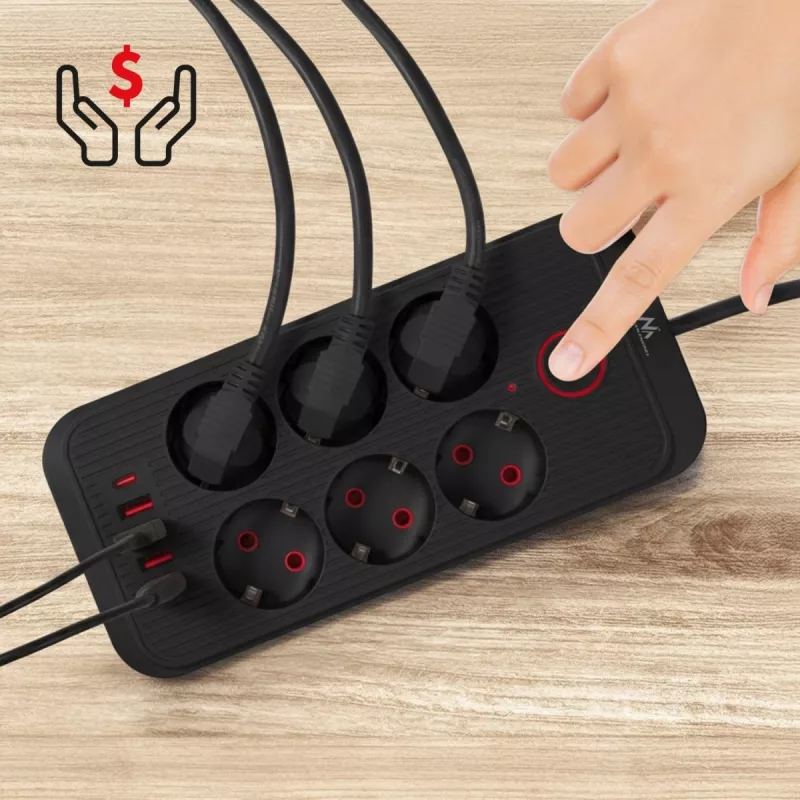 Extensão elétrica MACLEAN MCE389 B — 6 tomadas, 4×USB-A + 1×USB-C, 110–240V, 2,1A, 2500W, cabo de 1,5 m, preto
