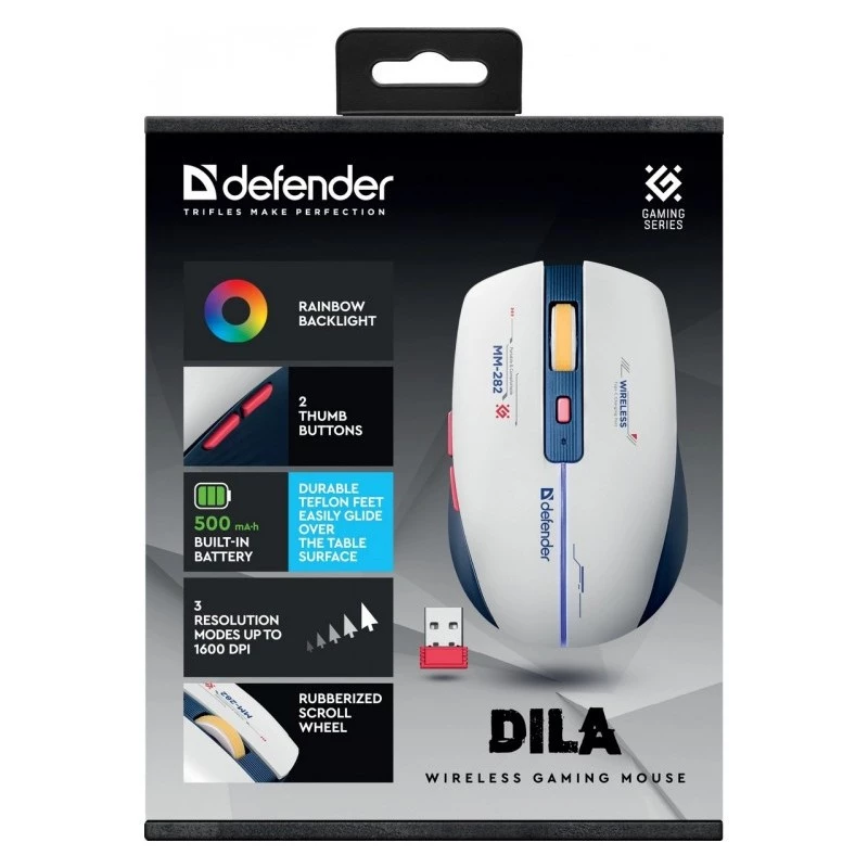 Rato gaming sem fios DEFENDER MM-282 RF — ambidestro, ótico 1800 DPI, 5 botões, USB, alimentado por pilhas