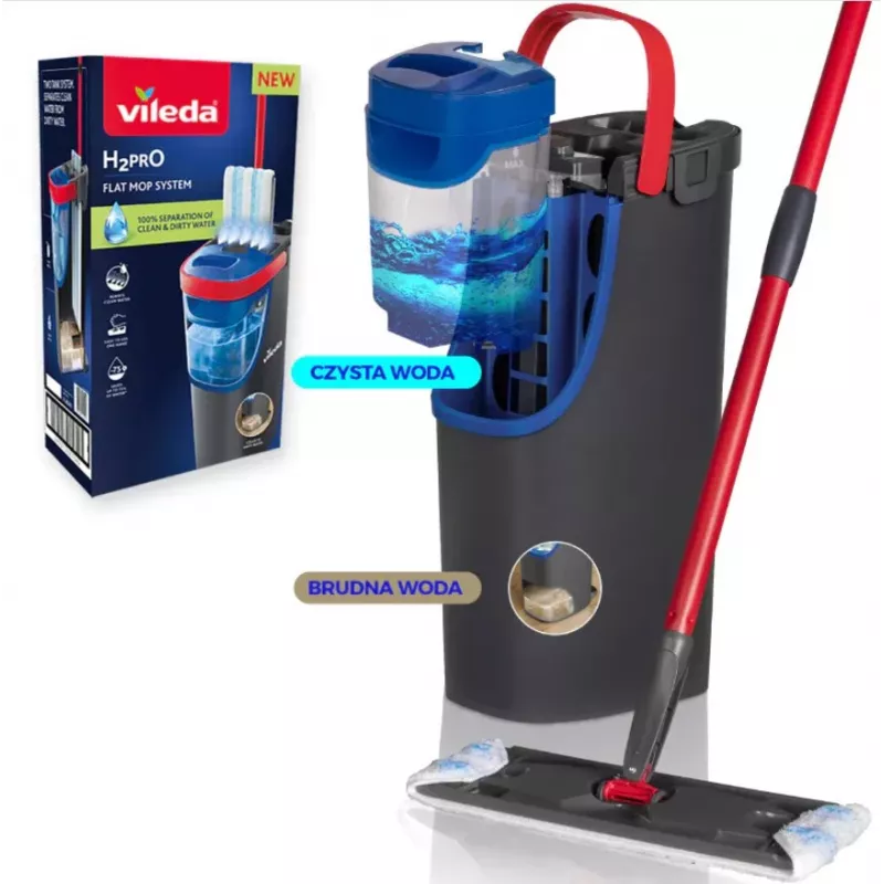 Vileda H2PrO 175775 conjunto de esfregona plana com sistema de dois depósitos, microfibra, preto/vermelho