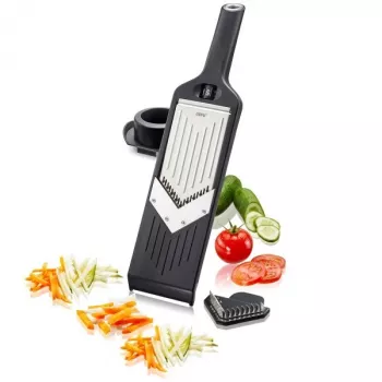 Cortador manual GEFU Julienne VIOLI 2.0 – cortador de alimentos manual, 5 posições de corte, 1–5 mm, lâminas de aço inoxidável, caixa em ABS/aço inoxidável, preto