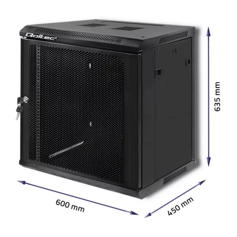 Qoltec 54488 Armário rack de parede de 19 polegadas, 12U, 600 x 635 x 450 mm, porta perfurada