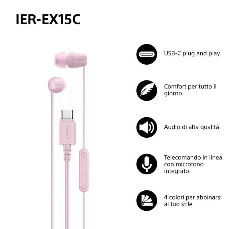 Headset Sony IER-EX15C Com fios In-Ear Chamadas/Música USB Type-C Rosa