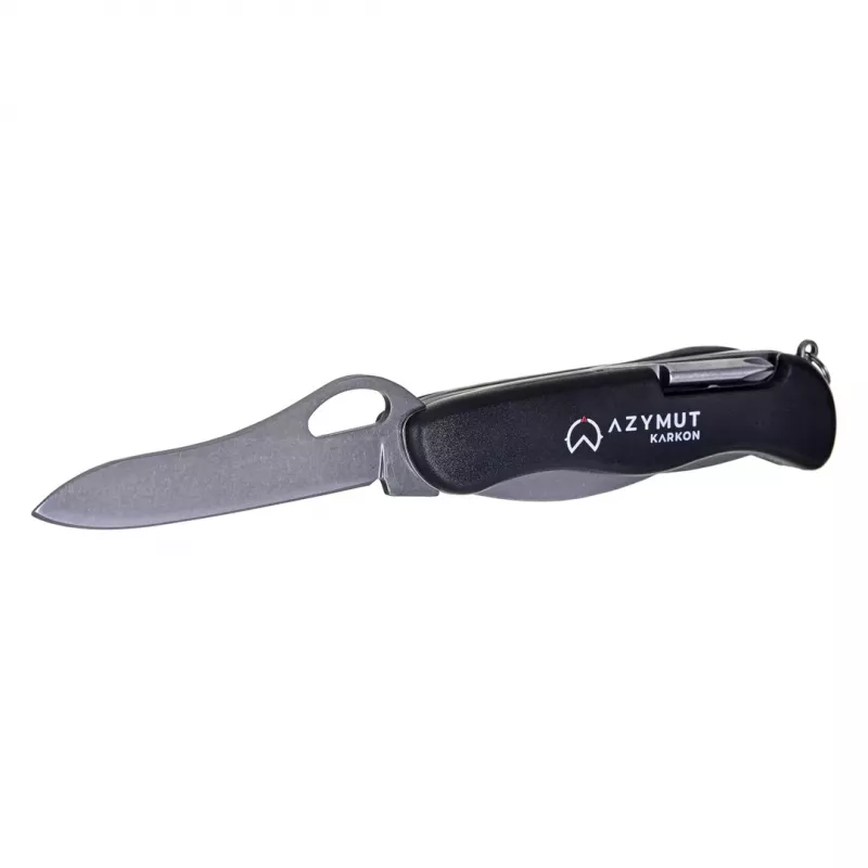 Faca de bolso AZYMUT HK20018 — multiferramenta completa, 9 funções, aço inoxidável 420J2/3CR13, fechada 11 cm, 146 g, estojo de couro, porta-chaves