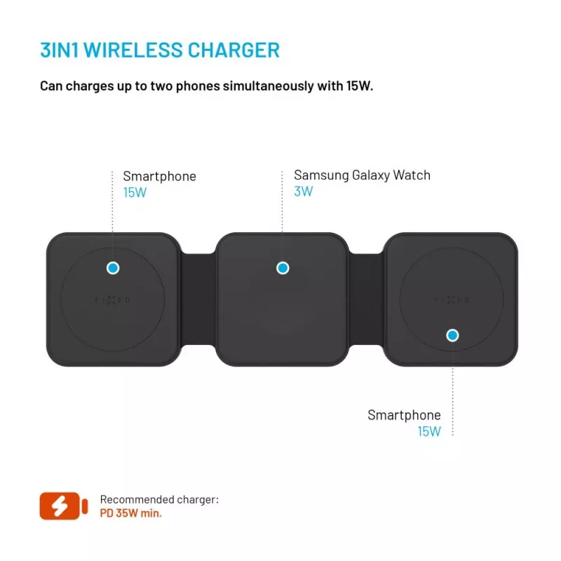 Carregador sem fios dobrável FIXED FIXFLE-SA-BK 3-em-1 para Samsung – carregador portátil compacto para telefone, auriculares, wearables