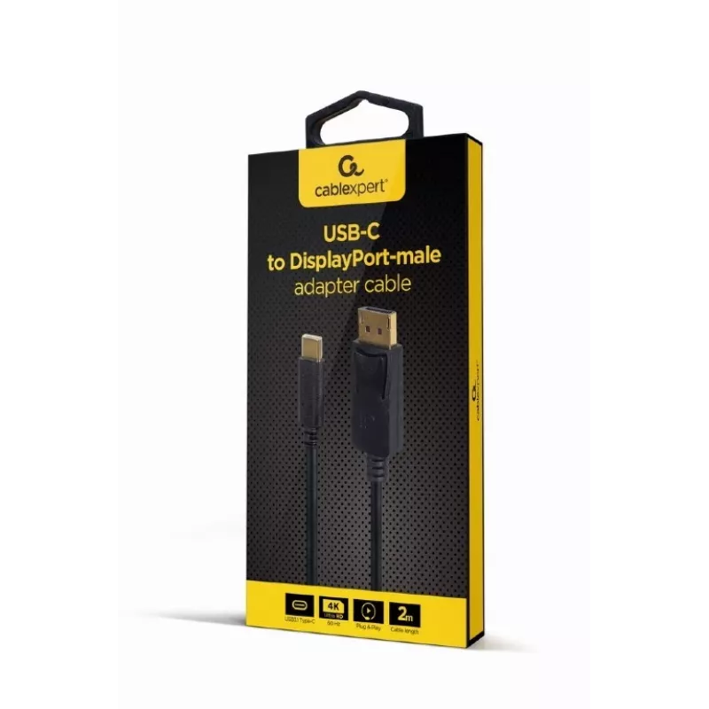 Adaptador Gráfico USB Gembird A-CM-DPM-01 com USB-C, suporta até 3840×2160, USB 2.0 / 3.2 Gen 2, preto, cabo de 2 m