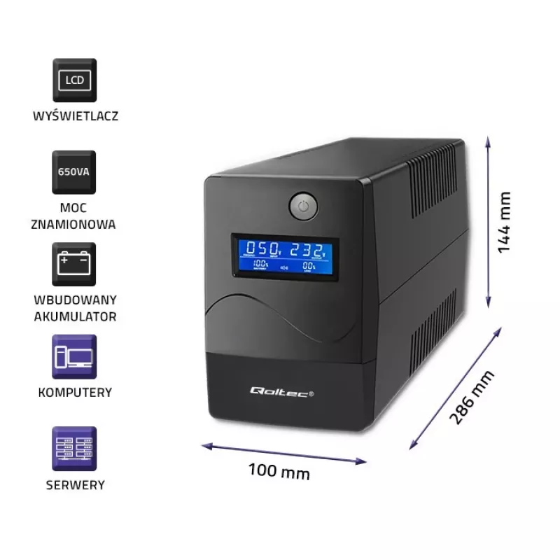 UPS Qoltec Monolith Dupla conversão Online 0,65 kVA 360 W 2 tomadas AC