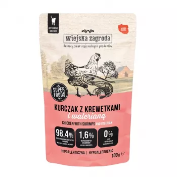 WIEJSKA ZAGRODA frango com camarão e valeriana – alimento húmido para gatos – 100g